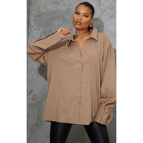 PrettyLittleThing Tops - Prettylittlething linen look MOCHA OVERSIZED CUFF SHIRT us 8